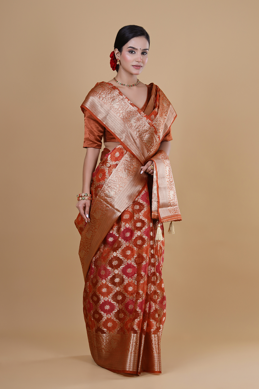 Rust Fancy Zari Border Buti Saree with Elegant Unstitched Blouse Piece